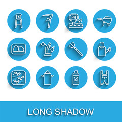 Set line Plant, Can container for milk, Water tower, Garden sprayer fertilizer, worker clothes, Strawberry bush, Watering can and pitchfork icon. Vector