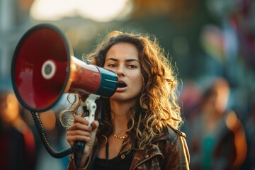 Female activist protesting with megaphone during a strike