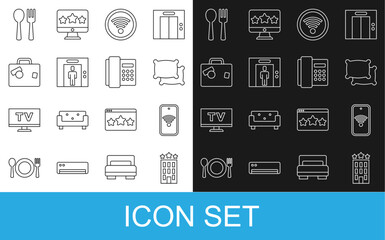 Fototapeta premium Set line Hotel building, Mobile with wi-fi wireless, Pillow, Wi-Fi, Lift, Suitcase, Fork and spoon and Telephone handset icon. Vector