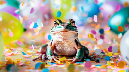 A green frog sits surrounded by a vibrant display of confetti, creating a whimsical, celebratory atmosphere