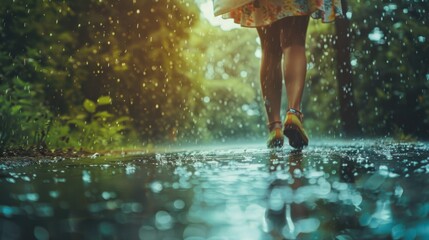 Unexpected rain in nature has its charms, summer showers can surprise. The concept of romance.  - obrazy, fototapety, plakaty