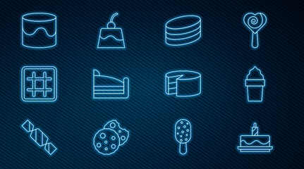 Set line Cake with burning candles, Ice cream waffle cone, Brownie chocolate cake, Piece of, Waffle, and Pudding custard icon. Vector