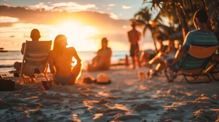Group of friends enjoying tropical beach while sitting and admiring sunset - obrazy, fototapety, plakaty