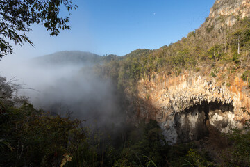 Landscape in front of the cave There is fog flowing through the forest into the mouth of the cave...