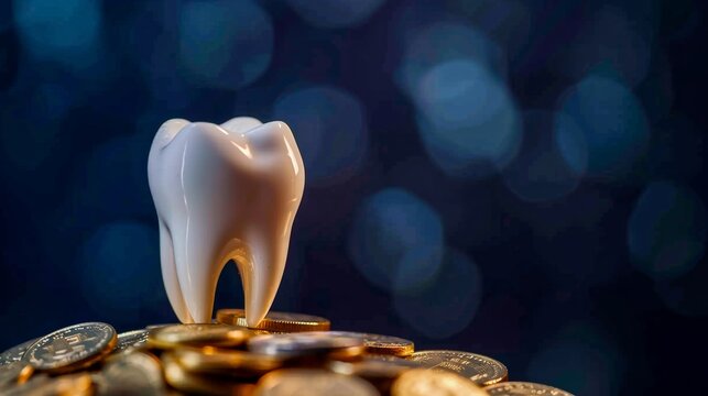 A concept image of a single tooth model atop a pile of various coins against a blur bokeh light