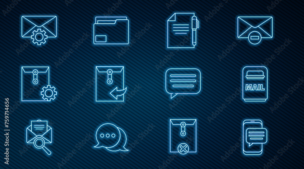 Aufkleber set line chat messages notification on phone, mail box, document and pen, envelope, setting, speech 