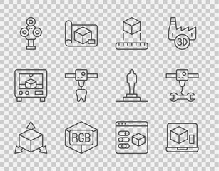 Set line Isometric cube, 3D printer, RGB and CMYK color mixing, scanner, tooth, and wrench spanner icon. Vector