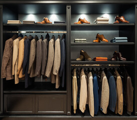 Wardrobe with man costumes. Two dimensional image of closet in apparel boutique. Black built-in...