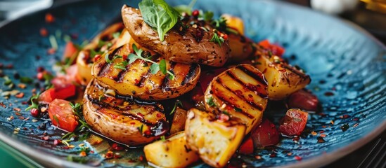 Vegetarian Dish with grilled potato on Blue Plate - obrazy, fototapety, plakaty