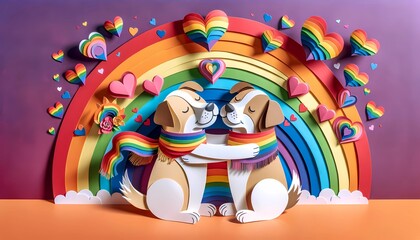 Pride month Paper Craft Dogs hug in Pride Rainbow Attire, Concept of Pet Inclusivity and Celebration of Diversity