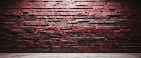Background and texture of dark red stone brick with light from above. Panorama.