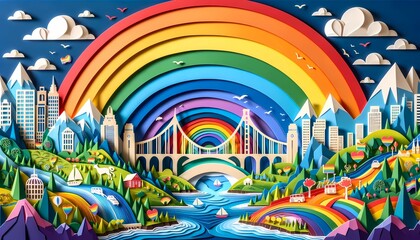 Obraz premium Paper cut Art Landscape with Rainbow Bridge and Mountains, Concept of Connection and Journey in Pride Month