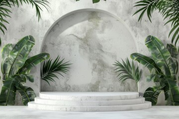 Contemporary white pedestal with front view focus It stands against a background decorated with tropical foliage. It creates a perfect and very realistic atmosphere.