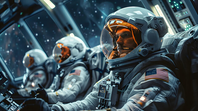 Team of astronauts in a space suits aboard the orbital station. A crew of cosmonauts piloting the spaceship. People in space. Galactic travel and science concept.