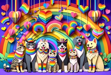 Pride month Paper Craft Dogs and Cats in Pride Rainbow Attire, Concept of Pet Inclusivity and Celebration of Diversity