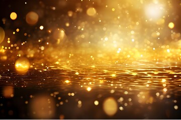 Fototapeta na wymiar Abstract background of gold glow particles, yellow light shine bokeh backdrop. Holiday concept