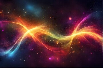 Abstract dark background with multicolored music waves closeup, light shine bokeh wallpaper. Spark and burst