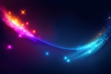 Abstract dark blue background with light multicolored glow line of particles, light shine stars, and bokeh wallpaper. Holiday concept