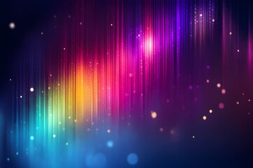 Abstract dark background of multicolored falling lines, glow particles, luxury light shine bokeh backdrop. Holiday concept