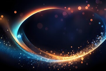 Abstract dark blue background with gold and blue glow particles, light shine oval shape, bokeh wallpaper.