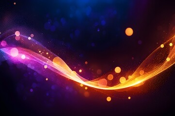 Abstract dark blue background with gold and purple glow lines and particles, light shine bokeh wallpaper. Holiday concept