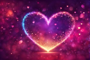 Abstract background of multicolored hearts, glow particles, luxury light shine bokeh wallpaper. Holiday concept