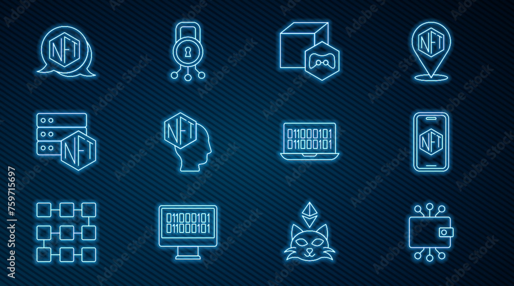 Poster set line cryptocurrency wallet, mobile with art store app, nft digital crypto, blockchain technology