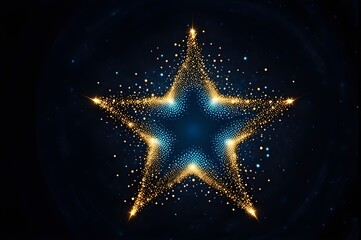 Abstract dark background of a gold and blue sparkling star, glow particles, luxury light shine bokeh horizontal wallpaper. 