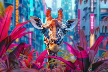 Giraffe head peeking out of colorful abstract foliage against a backdrop of a digital