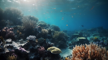 Fototapeta na wymiar Ultrawide Coral Reef wallpaper. Sea flower. Living coral and reef. Colorful coral reef. The deep water of the sea ocean environment. 4K Coral reef wallpaper. Tropical coral reef.