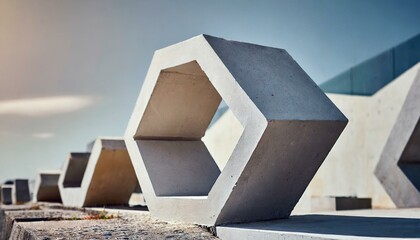 a contemporary sculpture using decorative concrete blocks. The composition should explore abstract forms and negative space, creating a visually striking and thought