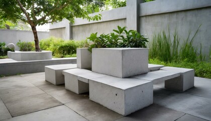 Fototapeta na wymiar a minimalist outdoor seating arrangement using decorative concrete blocks. The composition should focus on clean lines and simple geometric shapes, offering a modern and functional seating solution fo