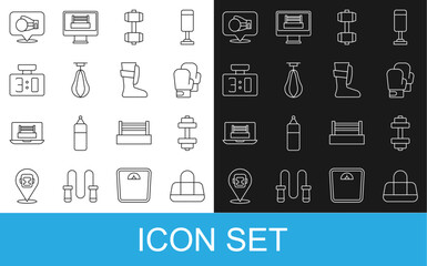 Set line Sport bag, Dumbbell, Boxing glove, Punching, mechanical scoreboard, and boxing shoes icon. Vector