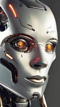Humanoid robot with glowing red eyes. Futuristic artificial intelligence concept for technology and robotics design. Modern white android. Plain light background. Motion. Vertical format