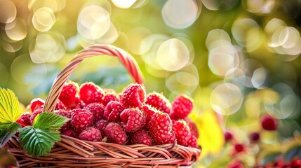 Juicy ripe raspberries in a basket surrounded by green leaves with light bokeh effect, symbolizing summer and abundance