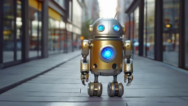 Futuristic robot exploring city sidewalk. Autonomous android with glowing eyes on urban street. Concept of artificial intelligence, urban robotics, and future technology.