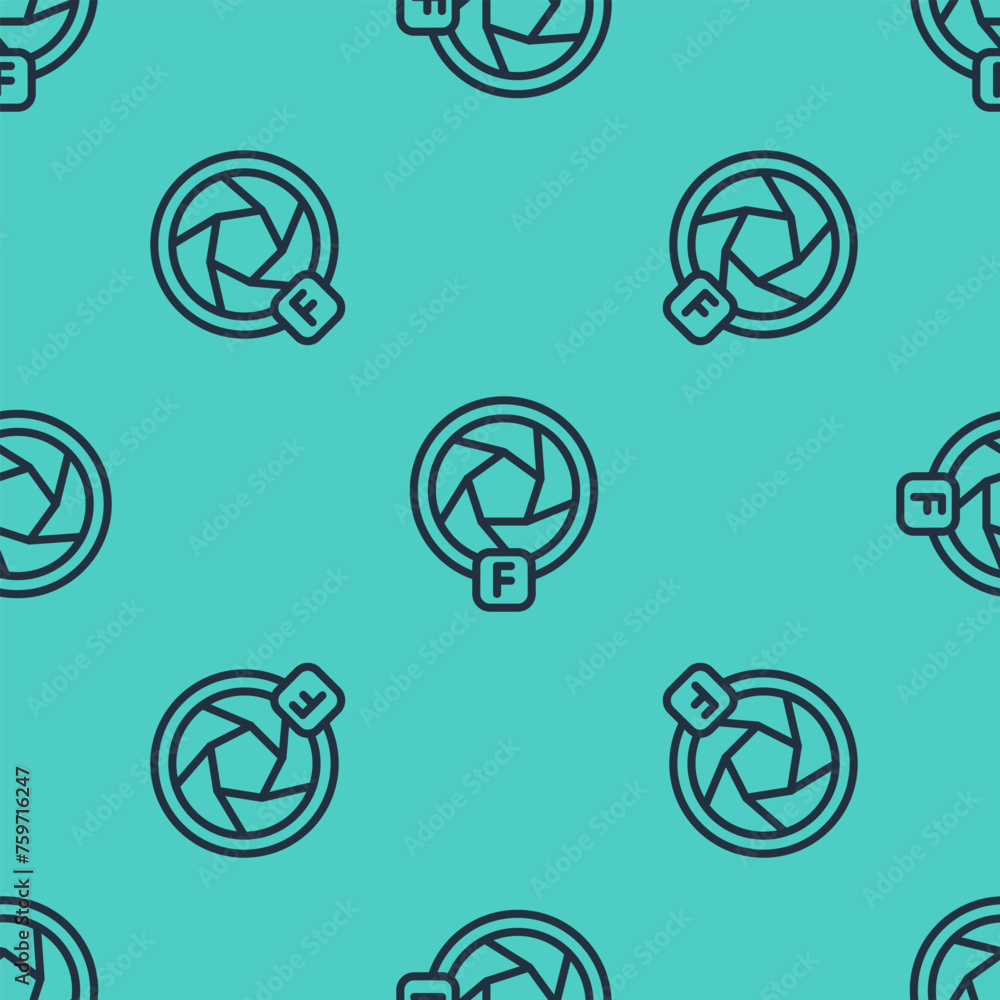 Poster black line camera shutter icon isolated seamless pattern on green background. vector