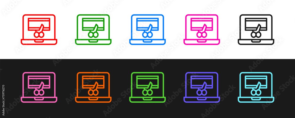 Poster set line video recorder or editor software on laptop icon isolated on black and white background. vi