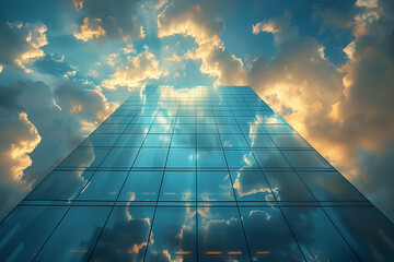 A tall glass building with solar panels on the roof, set against a backdrop of clouds in the sky