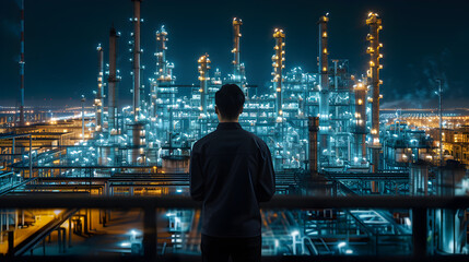 Rear view of engineer with oil refinery industry plant in the background at night, industrial instruments in the factory and futuristic hologram concept, Industry