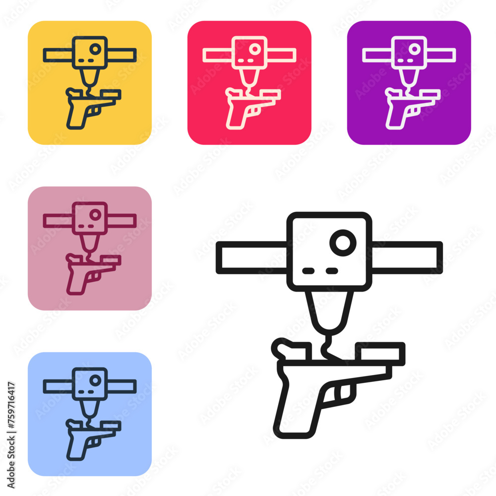 Poster black line 3d printer gun icon isolated on white background. 3d printing. set icons in color square 