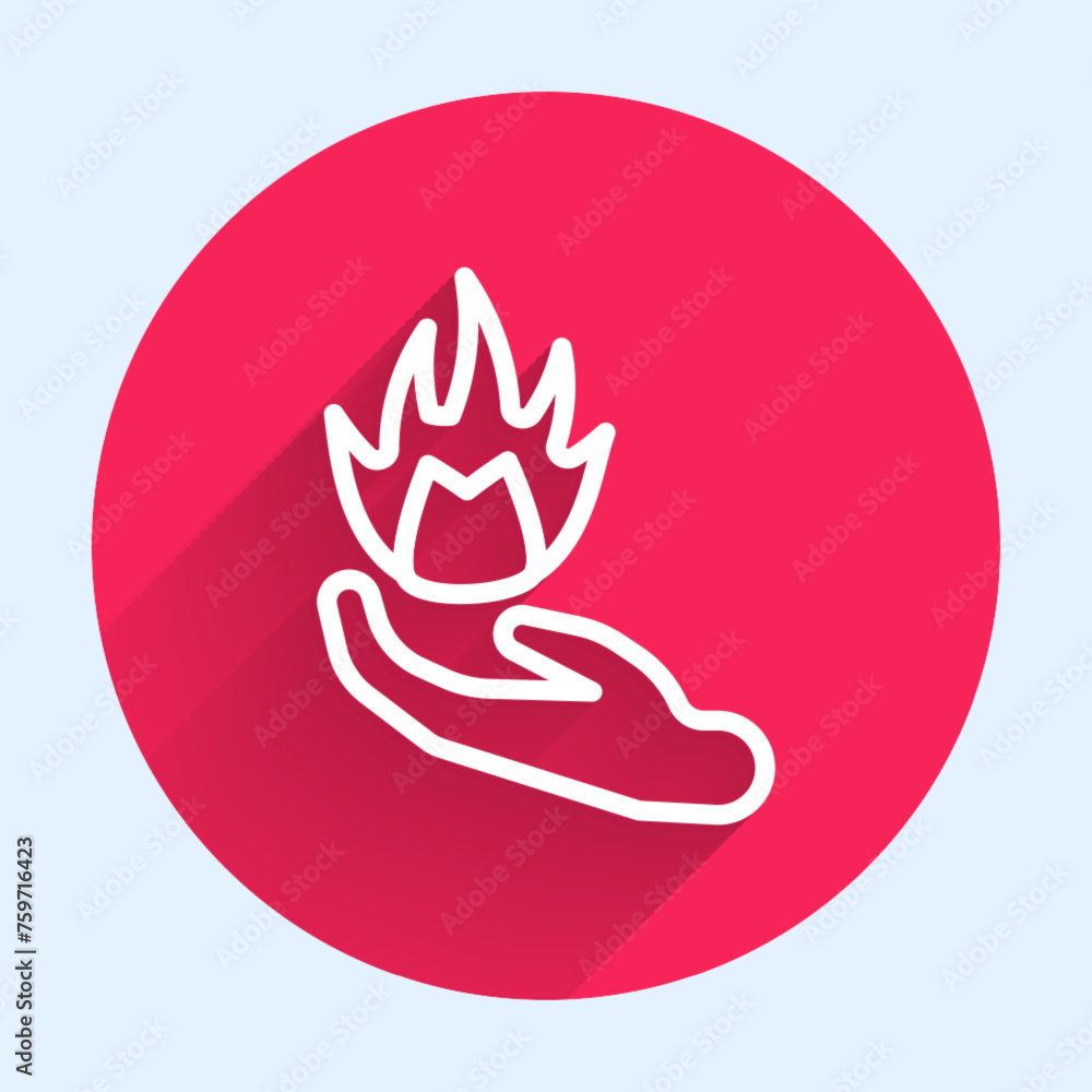 Poster white line hand holding a fire icon isolated with long shadow. red circle button. vector