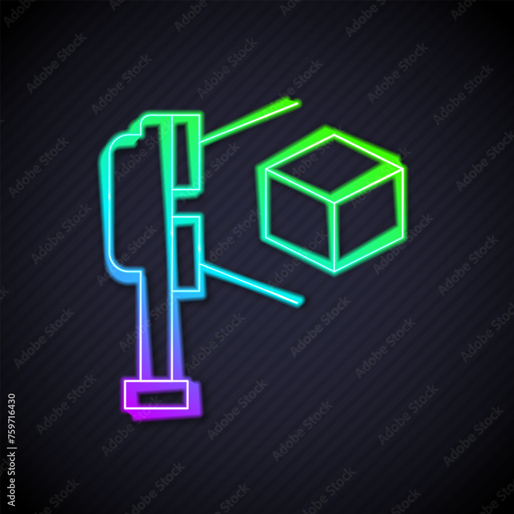 Poster glowing neon line 3d scanner with cube projection icon isolated on black background. vector