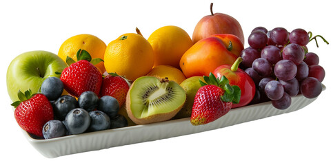 Juicy fruits and berries on white plate on transparent bacground, PNG. 