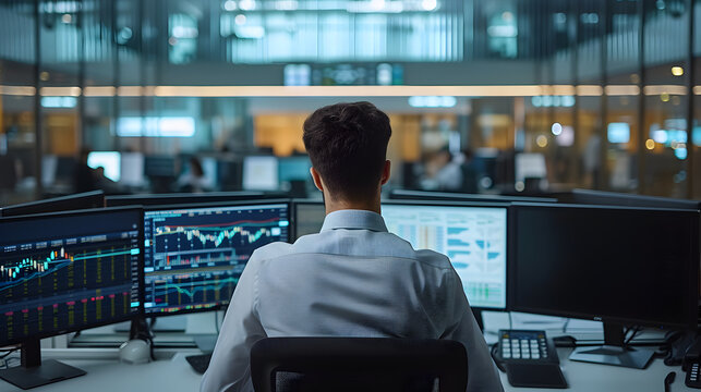 Rear view of successful businessman, financial analyst standing in modern hedge fund office with computer with multi-monitor workstation with real-time stocks, people working in the background