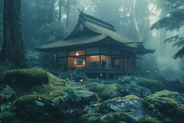 A traditional Japanese house with sliding doors and a tiled roof stands gracefully lit amidst a...