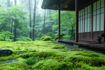 A traditional Japanese house with sliding doors and a tiled roof stands gracefully lit amidst a serene garden as evening falls. generative ai
