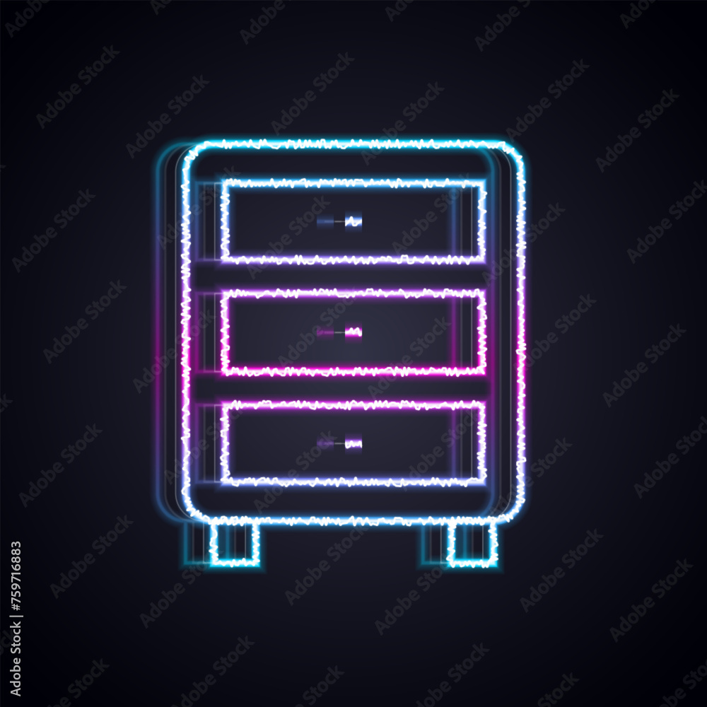 Poster glowing neon line archive papers drawer icon isolated on black background. drawer with documents. fi