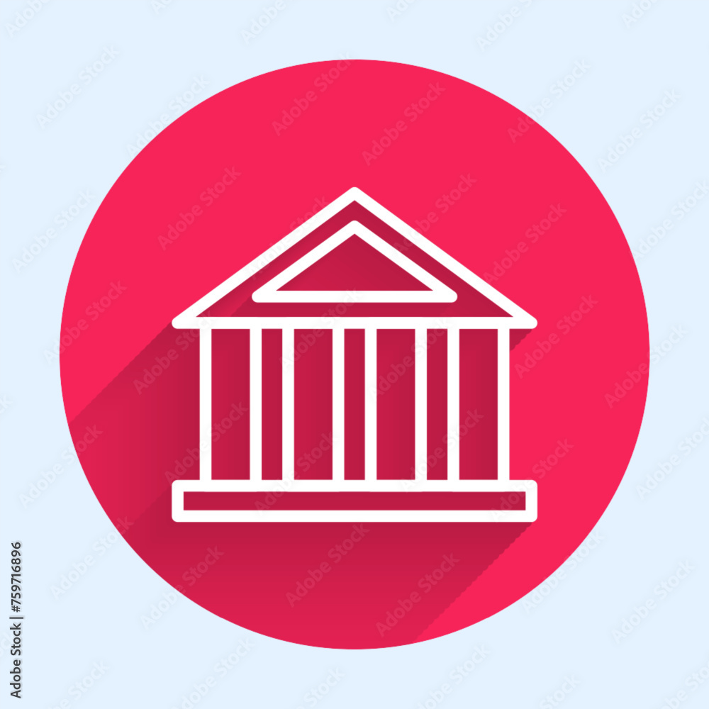Poster white line bank building icon isolated with long shadow background. red circle button. vector