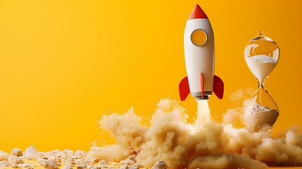Rocket taking off near hourglass on yellow background, time running out, take action now - obrazy, fototapety, plakaty